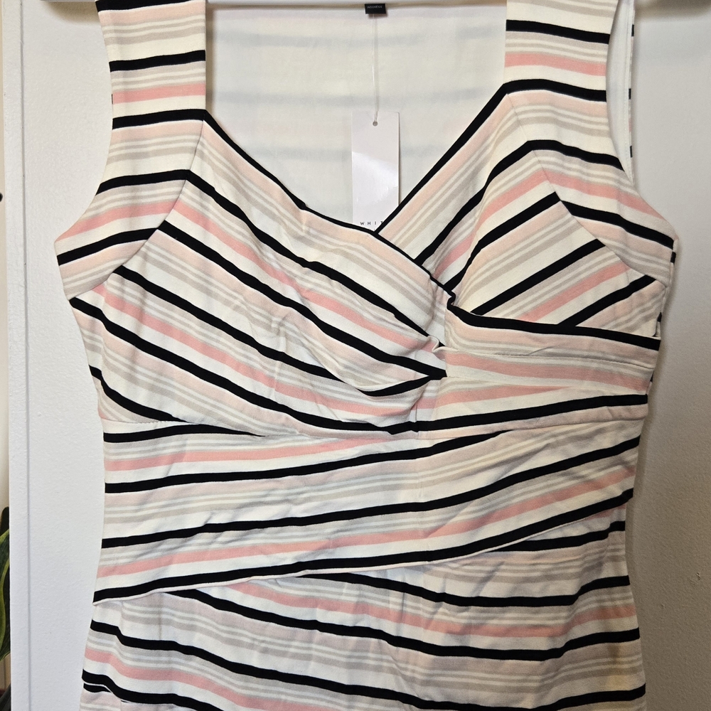 White House Black Market Pink, Black & White Striped V-Neck Camisole